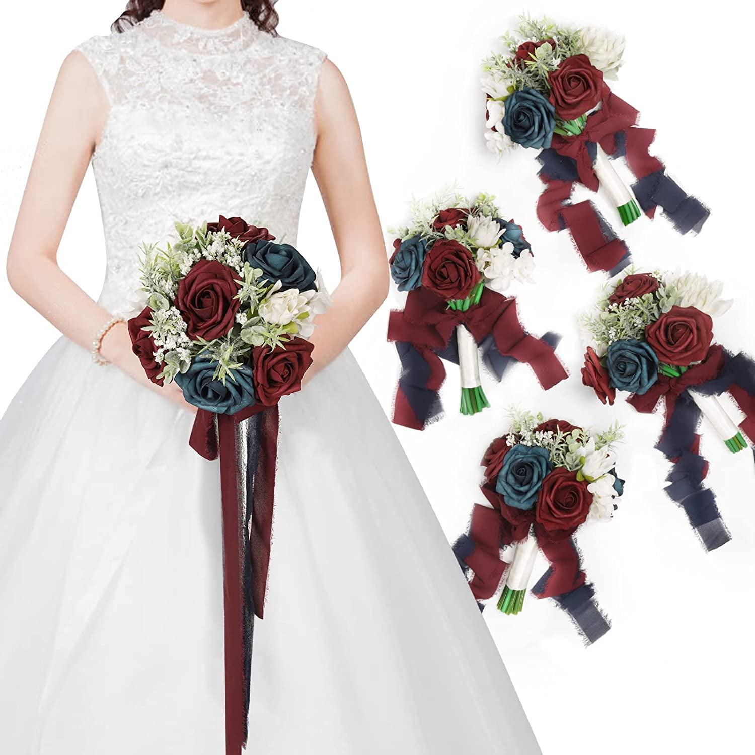 Burgundy & Navy Blue Bridesmaid Bouquets for Wedding, 7 Inch Bride