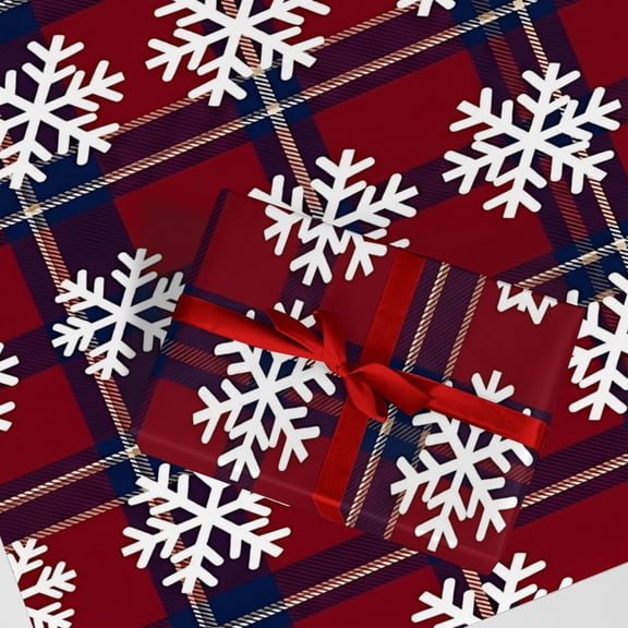 Burgundy Navy Plaid Snowflake Wrapping Paper, Winter Holiday Check Gift Wrap for Christmas New Year Birthday Present Decor