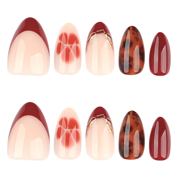 Burgundy Nude Tortoiseshell Red Mixed Design Press on Nails, Medium Almond Glossy False Nails, 24 Count