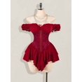 thumbnail image 1 of Burgundy Off Shoulder Gothic Corset Mini Dress With Ruffle Trim, Jacquard Waist, Layered Hem & Sweetheart Neckline, 1 of 8