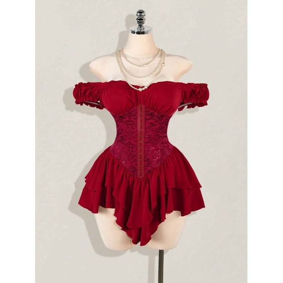 Burgundy Off Shoulder Gothic Corset Mini Dress With Ruffle Trim, Jacquard Waist, Layered Hem & Sweetheart Neckline
