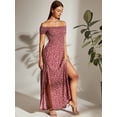 thumbnail image 1 of Burgundy Off Shoulder Shirred Bodice Ditsy Floral Maxi Dress With Side Slit, 1 of 6