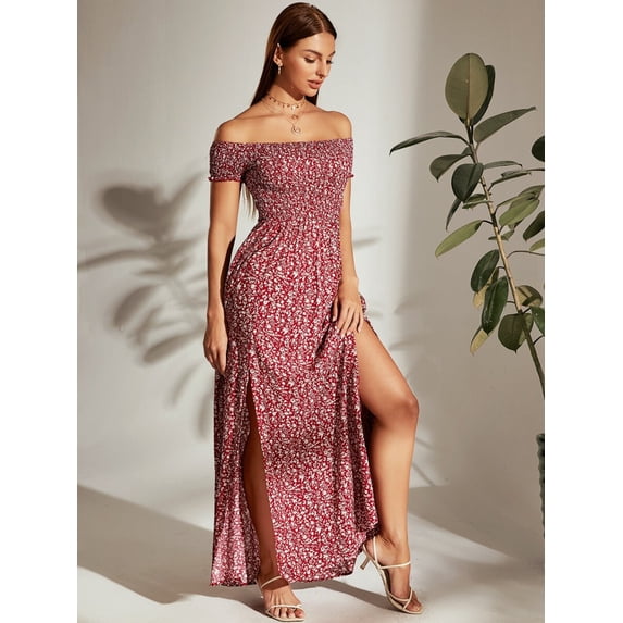 Burgundy Off Shoulder Shirred Bodice Ditsy Floral Maxi Dress With Side Slit