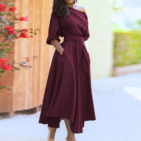Burgundy Off-Shoulder Wrap Waist High-Low A-Line Midi Dress With Belt