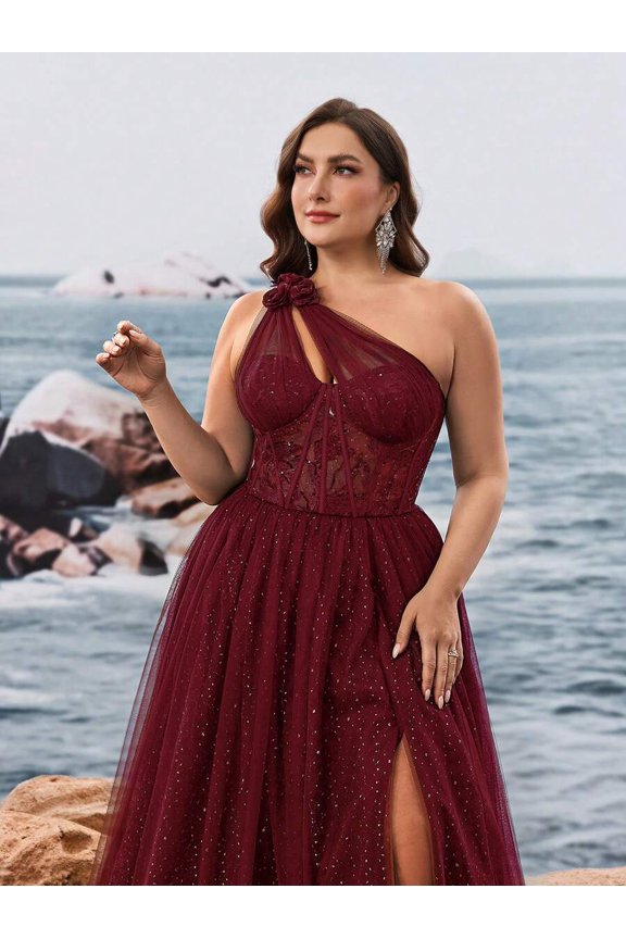 Burgundy One-Shoulder Evening Gown With Floral Appliqué And Sparkly Tulle