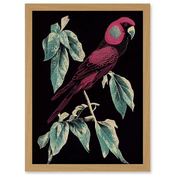 Burgundy Parakeet Retro Modern Vintage Tropical Jungle Artwork Framed Wall Art Print A4