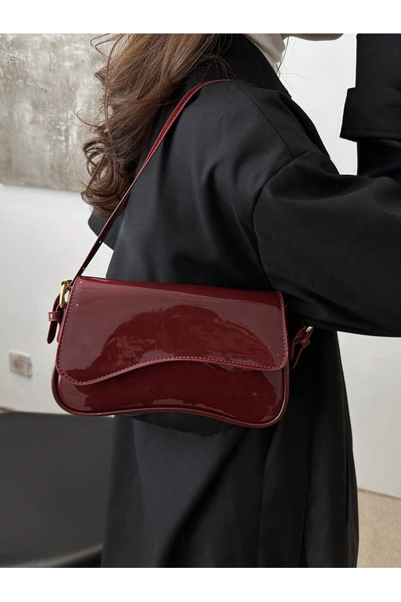 Burgundy Patent Leather Flip-Cover Shoulder Bag For Women