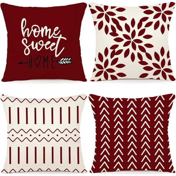 Burgundy Pillow Covers 18x18 Set of 4, Modern Sofa Throw Pillow Cover, Decorative Outdoor Linen Fabric Pillow Case for Couch Bed Car 45x45cm (Wine Red, 18x18,Set of 4)