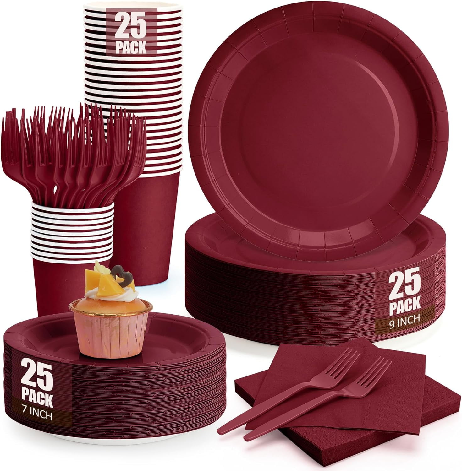 Burgundy Plates and Napkins Party Supplies, Include 9’’Disposable Burgundy  Paper Plate, 7’’Dessert Plates and Cups and Napkins Forks Set for Birthday,  ..., image size:1470x1500