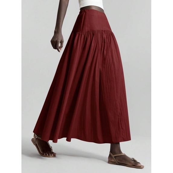 Burgundy Pleated Flowing Maxi Skirt Women Casual Elegant Vacation Style