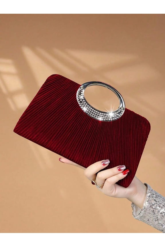 Burgundy Pleated Velvet Evening Clutch With Rhinestone Ring Handle