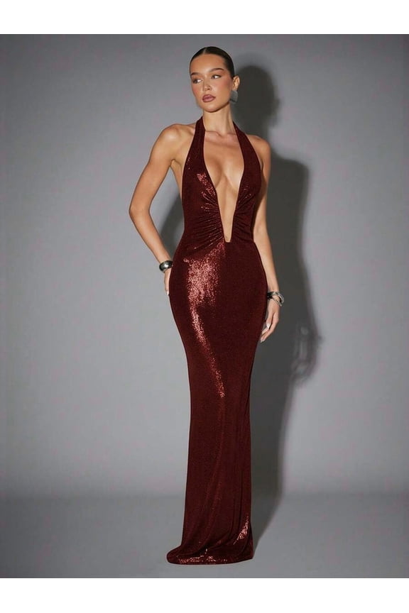 Burgundy Plunge Neck Metallic Ruched Halter Backless Sleeveless Evening Gown For Night Out