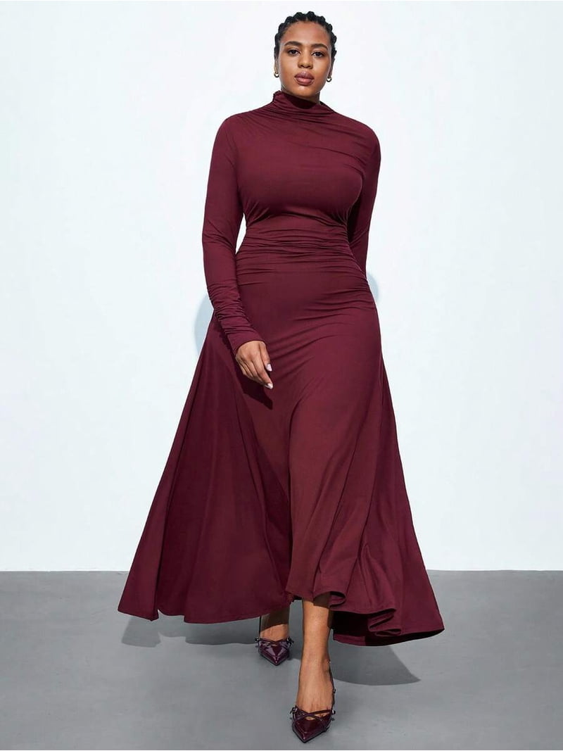 high neck long sleeve ruched dress /// Burgundy Plus Size Long Sleeve High Neck Ruched Bodycon Maxi Dress For Women, Women's, Size: 1XL, Red