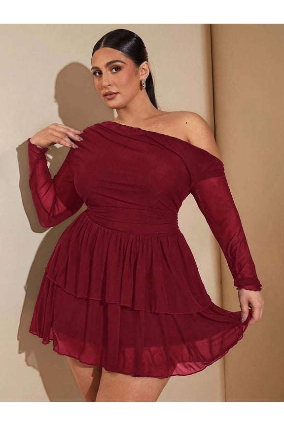 Burgundy Plus Size Off-Shoulder Long Sleeve Ruffled Hem Mini Dress