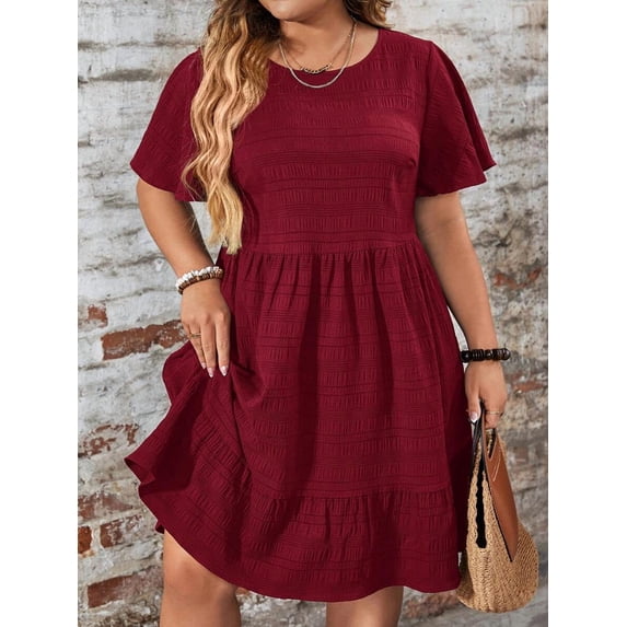 Burgundy Plus Size Round Neck Ruffle Sleeve Drop Waist Casual Summer Dress