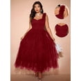 thumbnail image 1 of Burgundy Plus Size Sleeveless Elegant Mesh Splice Maxi Party Dress With Feather Detail, 1 of 5