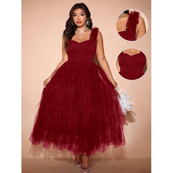 Burgundy Plus Size Sleeveless Elegant Mesh Splice Maxi Party Dress With Feather Detail
