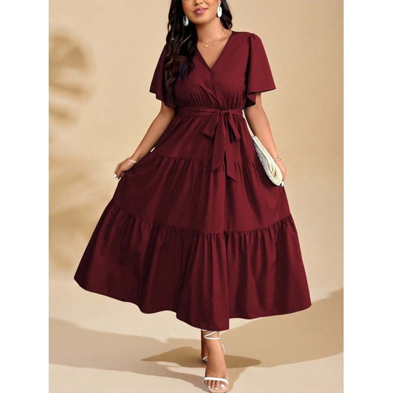Burgundy Plus Size V-Neck Wrap Maxi Dress With Tiered Ruffle Hem And Self-Tie Waist Belt, Short Sleeve