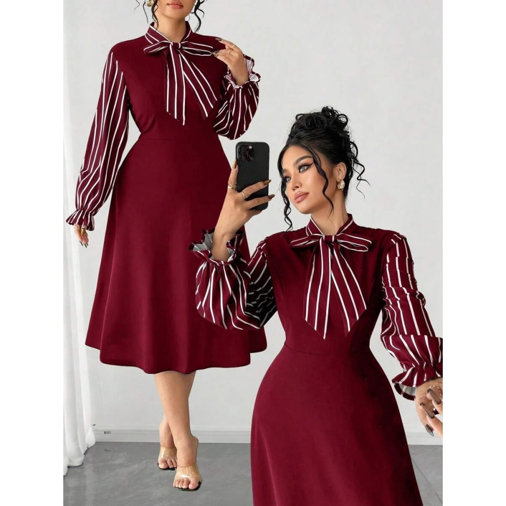 Visual Reference: Burgundy Plus Size Womens Elegant Long Sleeve Striped Tie Neck