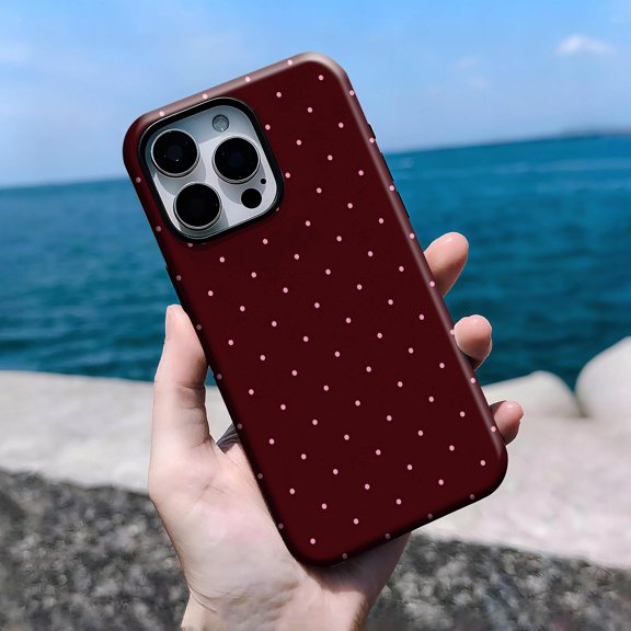 Burgundy Polka Dot Chic 90S Retro Design Tough Phone Case, Dual-Layer Protective Cover for iPhone