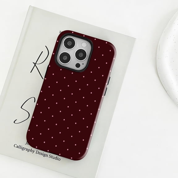 Burgundy Polka Dot Glossy Tough Phone Case, Chic 90s Retro Design