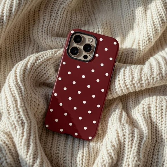 Burgundy Polka Dot Minimalist Case - Cozy Red Aesthetic Pattern Designed for iPhone 17, 16, 15, 14, 13 Tough Protective Cover