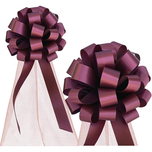 Burgundy Pull Bows with Tulle Tails - 8" Wide, Set of 6, Wedding, Reception, Fall, Thanksgiving, Christmas