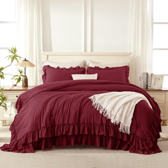 Burgundy Queen Comforter Set 3 Pieces Lightweight Fluffy Farmhouse Ruffle Bedding Shabby Chic All Season