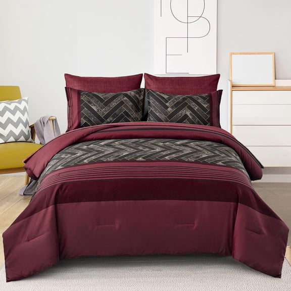 Burgundy Queen Size 7-Piece Geometric Stripe Bed-in-a-Bag Bedding Set