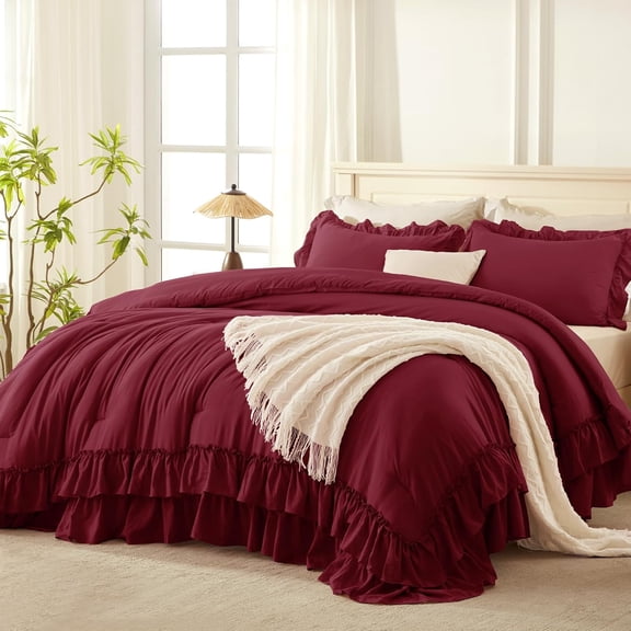 Burgundy Queen Size Comforter Set with Ruffle Design 3 Pieces