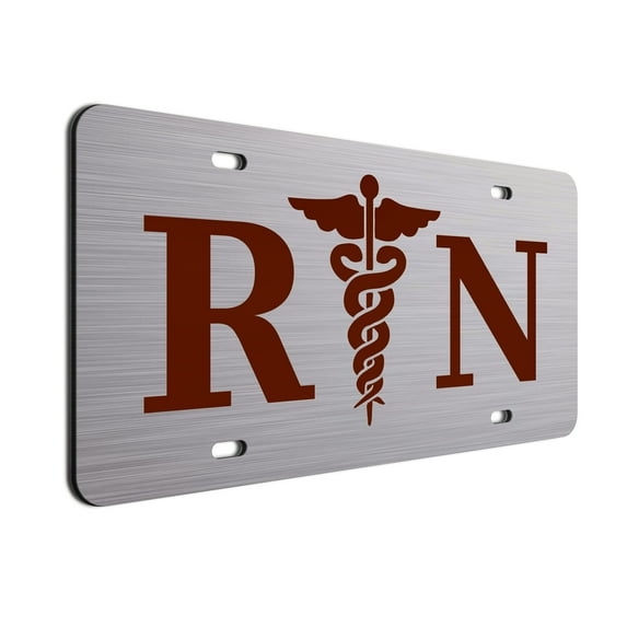 Burgundy RN Nurse Brushed Aluminum ACM License Plate Medical Car Tag with Caduceus
