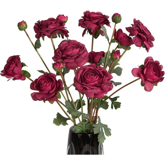 Burgundy Ranunculus Artificial Flower 5Heads '' Long Stems Silk Ranunculus Fake Buttercup Artificial Flowers for DIY Wedding Bouquets Home Kitchen Decorations (Burgundy)