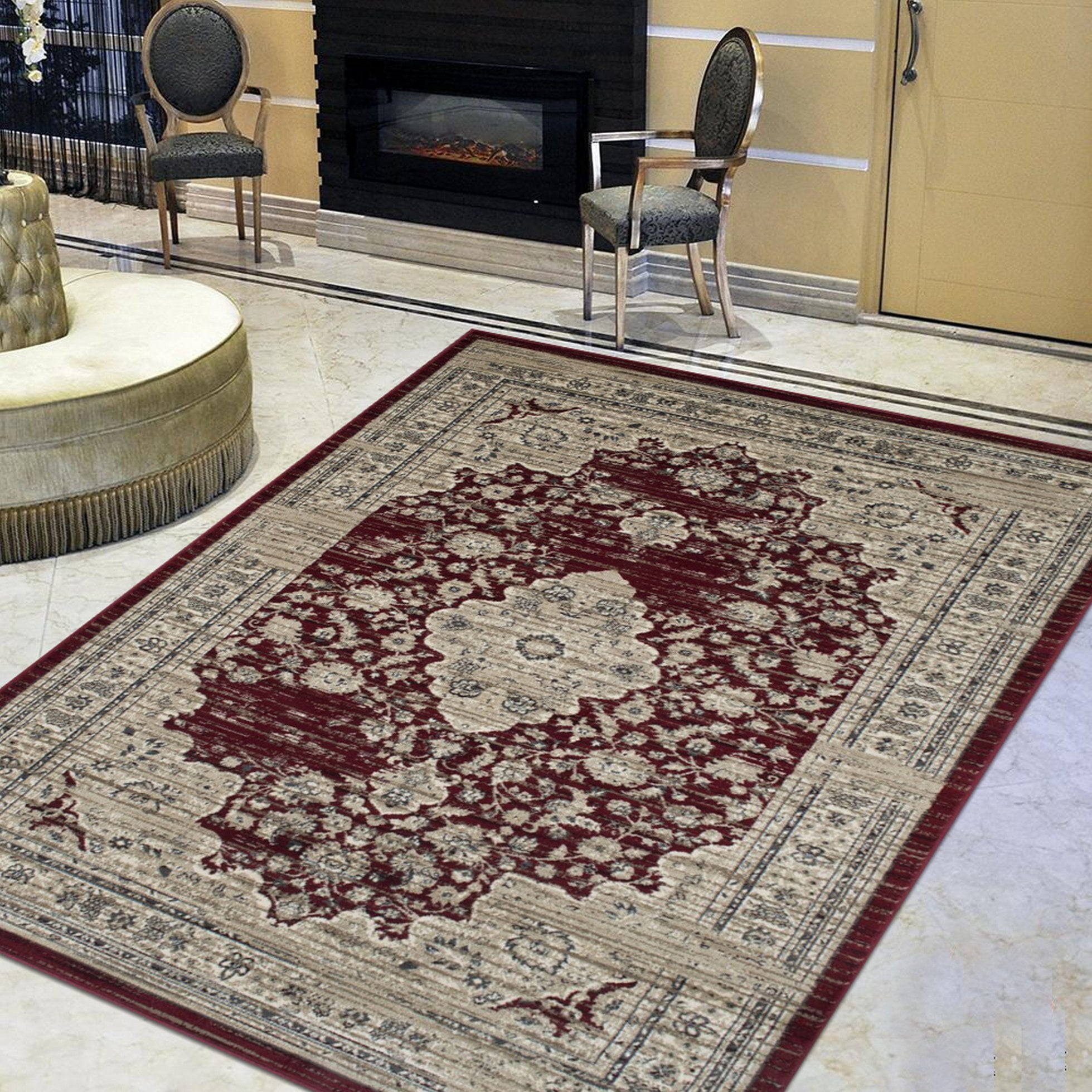 Burgundy Red/Beige Persian Isfahan Fl...
