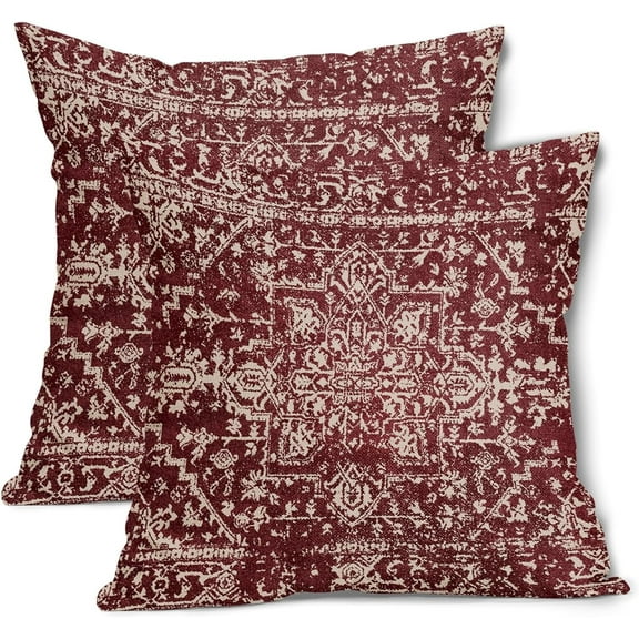 Burgundy Red Boho Throw Pillow Covers 18x18 Inch Bohemian Carpet Ethnic Decorative Square Pillow Cases Bohemian Vintage Floral Cushion Covers Farmhouse Home Decor For Sofa Couch Outdoor Set of 2