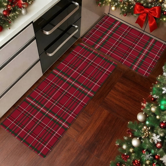 Burgundy Red Christmas Tartan Plaid Kitchen Rugs Set of 2, Non Slip Rubber Backing Christmas Kitchen Mats, Farmhouse Holiday Floor Runner