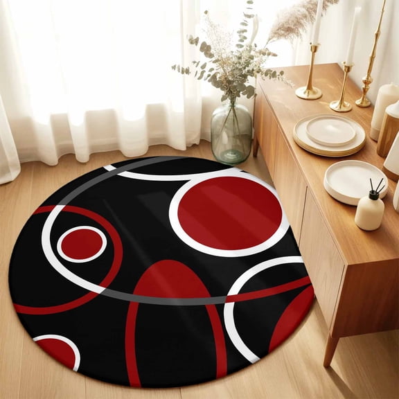Burgundy Red Color Block Round Area Rug 3ft,Living Room Rug Non-Slip Washable Circle Rugs Pad,Abstract Geometric Black Stripe Soft Floor Carpet for Bedroom Dining Room