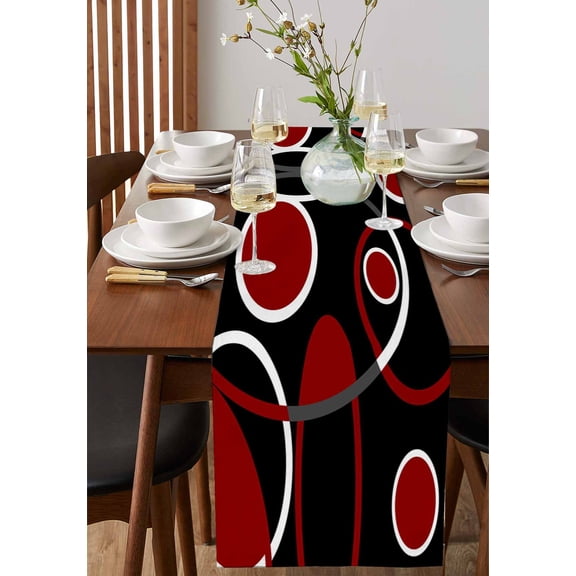 Burgundy Red Color Block Table Runner 13x72in Non-Slip Cotton Linen Table Runners, Abstract Geometric Black Stripe Dresser Scarves TableRunner for Dinner Kitchen Dining Wedding Party