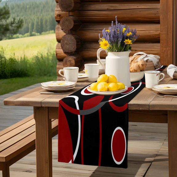 Burgundy Red Color Block Table Runner 13x90in Non-Slip Cotton Linen Table Runners, Abstract Geometric Black Stripe Dresser Scarves TableRunner for Dinner Kitchen Dining Wedding Party