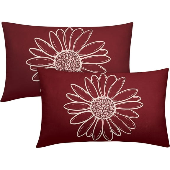 Burgundy Red Daisy Flower Lumbar Pillow Covers 12x20 Inch Set of 2 Spring Summer Floral Bloom Decorative Throw Pillows Seasonal Pillow Cases Farmhouse Home Decor for Cushion Couch Sofa Outdoor