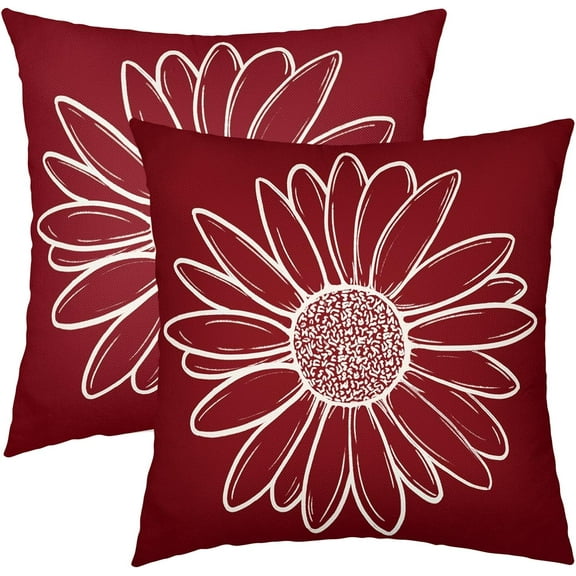 Burgundy Red Daisy Flower Pillow Covers 20x20 Inch Set of 2 Spring Summer Floral Bloom Decorative Throw Pillows Seasonal Cotton Linen Pillow Cases Farmhouse Home Decor For Cushion Couch Sofa Outdoor