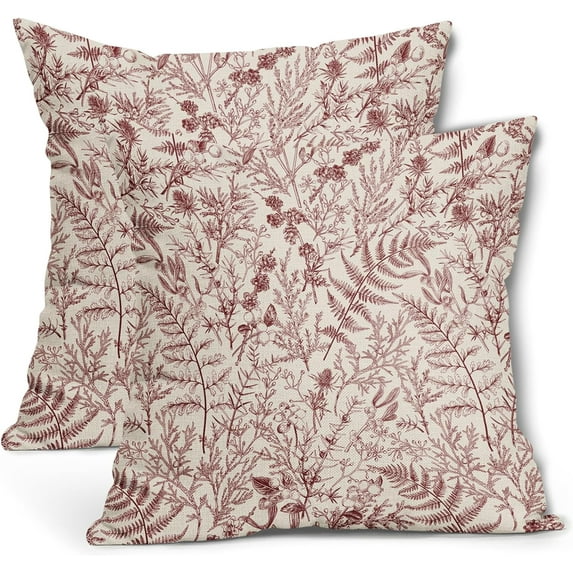 Burgundy Red Fern Leaves Pillow Covers 16X16 Inch Plant Leaf Floral Pine Decorative Pillow Cases Vintage Botanical Spring Summer Throw Pillows Set of 2 Home Decor for Sofa Couch Porch Outdoor