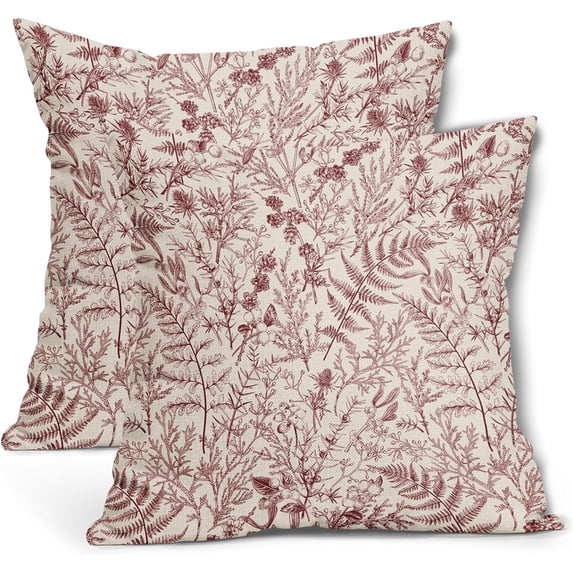 Burgundy Red Fern Leaves Pillow Covers 18X18 Inch Plant Leaf Floral Pine Decorative Pillow Cases Vintage Botanical Spring Summer Throw Pillows Set of 2 Home Decor for Sofa Couch Porch Outdoor