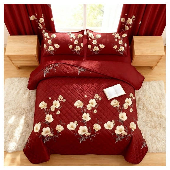 Burgundy Red Floral Bedding & Curtain Set 9-Piece, Wine Red Quilted Coverlet with Window Panels & Shams, Microfiber, Pet Friendly QUEEN Burgundy Red with Elegant White Floral Branches/Sprigs