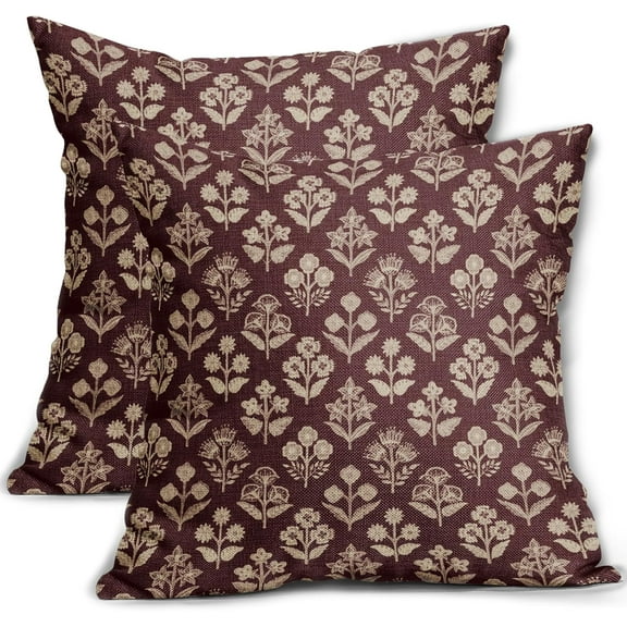 Burgundy Red Floral Block Print Pillow Covers 20x20 Inch Set of 2, Vintage Flower Pattern Decorative Throw Pillowcases Outdoor Farmhouse Cushion Covers Spring Summer Rustic Sofa Couch Bed Decor