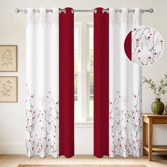 Burgundy Red Floral Branch Blackout Curtains,2 Panels,Thermal Insulated Grommet Window Drapes,42x63 Inch