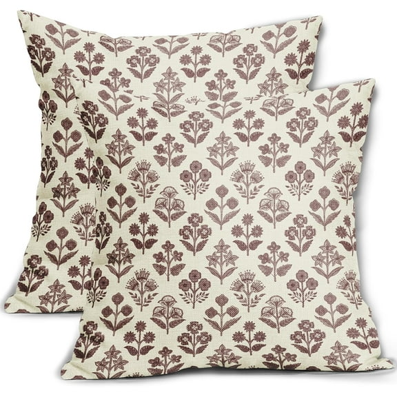 Burgundy Red Floral Pillow Covers 18x18 Inch Set of 2, Vintage Flower Block Print Pattern Decorative Throw Pillowcases Outdoor Farmhouse Cushion Covers Spring Summer Rustic Sofa Couch Bed Decor