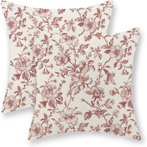 Burgundy Red Floral Pillow Covers 18x18 Set of 2 Chinoiserie Floral Decorative Throw Pillows Vintage Rustic Flower Toile Pillowcase Linen Outdoor Farmhouse Cushion Cover for Couch Sofa Decor