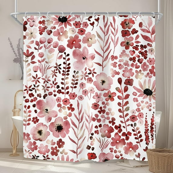 Burgundy Red Floral Shower Curtain for Bathroom Decor 72Wx72H Wildflower Watercolor Boho Flower Leaves Botanical Plant Retro Art Printed Fabric Polyester Waterproof 12 Pack Plastic Hooks