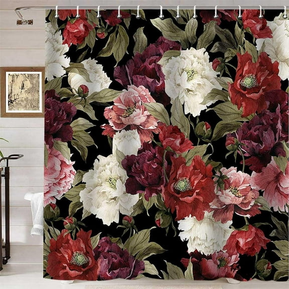 Burgundy Red Floral Shower Curtain, Retro Watercolor Flower White Peony Pink Rose Leaves Rustic Spring Elegant Shabby Chic Women Bathroom Decor, Waterproof Fabric Shower Curtain, 72 X 72 Inch