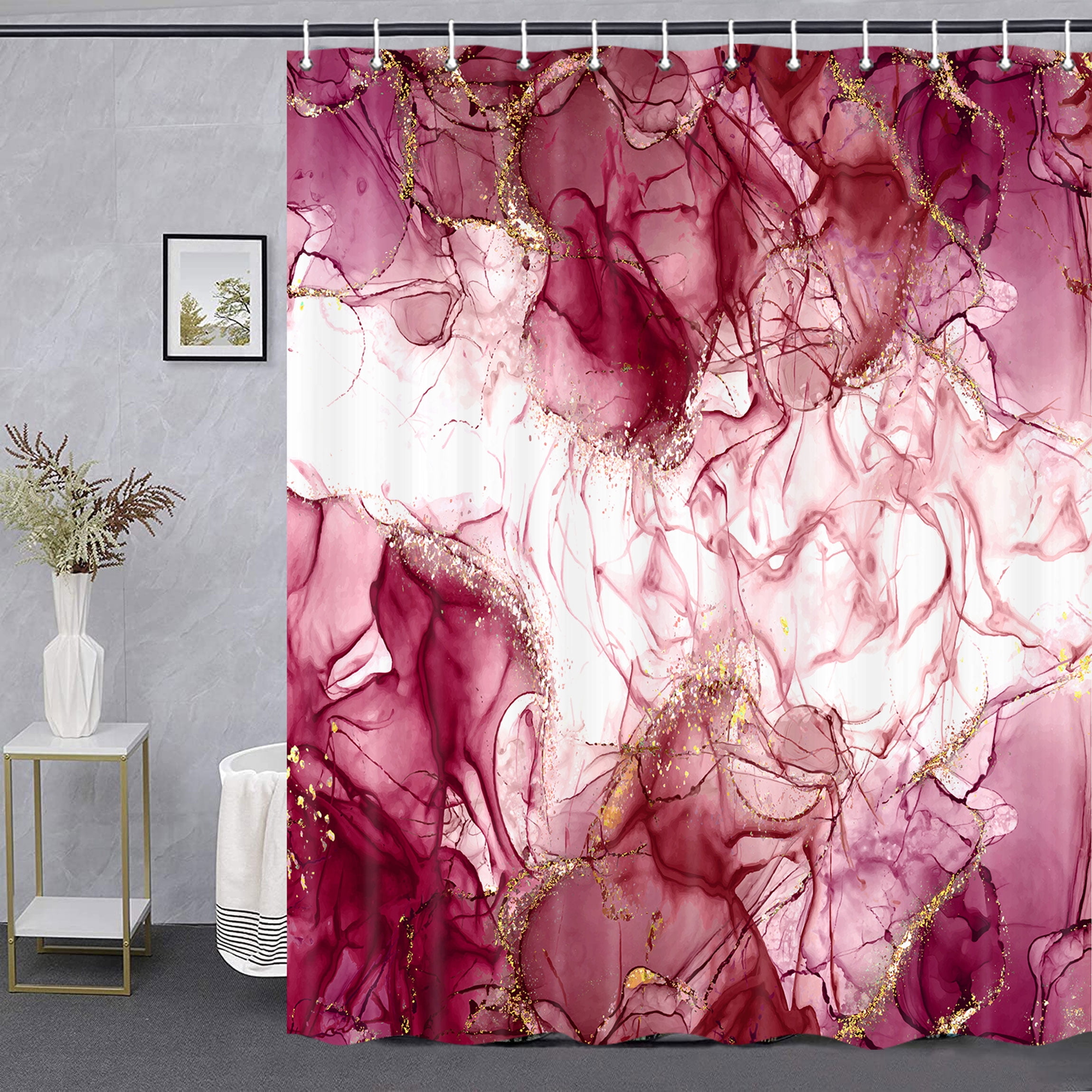 Burgundy Red Gold Marble Texture Shower Curtain Sets, Abstract Modern Fabric Shower Curtain for Bathroom, 3D Printing Durable Waterproof Washable Bath Curtain with Hooks, 36X72in